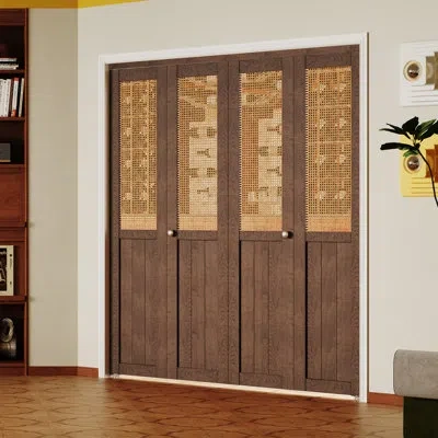 Chic Mode 80" H Weavebound Solid Manufactured Wood And Imitation Rattan Hand-woven Bi-fold Closet Doors With H In Brown