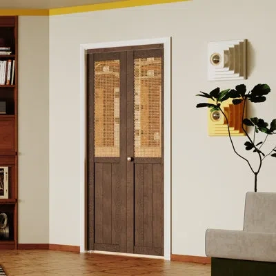 Chic Mode 80" H Weavebound Solid Manufactured Wood And Imitation Rattan Hand-woven Bi-fold Closet Doors With H In Brown;green