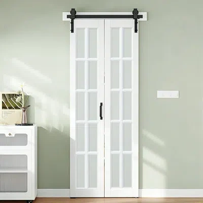 Chic Mode Bi-fold Barn Door, 10-lites Tempered Frosted Glass Panel With Sliding Hardware Kit Set, Finished Fol In White