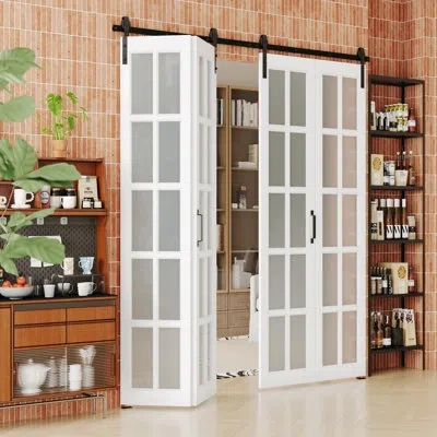 Chic Mode Bi-fold Barn Door, 10-lites Tempered Frosted Glass Panel With Sliding Hardware Kit Set, Finished Fol In White