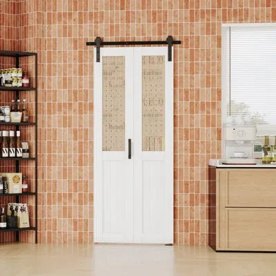 Chic Mode Bi-fold Sliding Barn Door, Cane Webbing Panel With Sliding Hardware Kit Set, Finished Closet Door Do In White