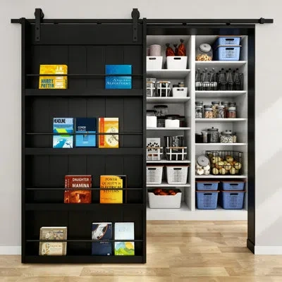 Chic Mode Black Design Sliding Barn Door With Four Levels Shelfs With Hardware Kit Included