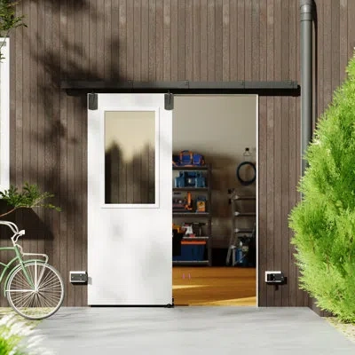 Chic Mode Box Rail Exterior Barn Door With Track, Heavy Duty Sliding Barn Door Hardware In Natural;clear;clear,transparent Glass