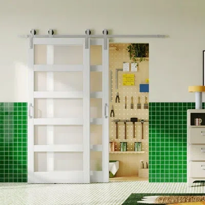 Chic Mode Bypass Barn Door - 1/5 Lite Frosted Glass Styling Design Interior Sliding Barn Door With Aluminum Si In White
