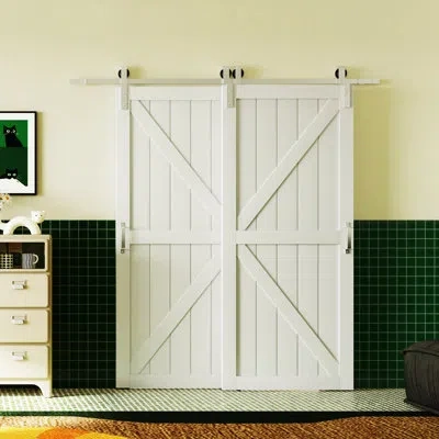 Chic Mode Bypass Barn Door - K Shape Styling Design Interior Sliding Barn Door With Aluminum Silver Fittings B In White