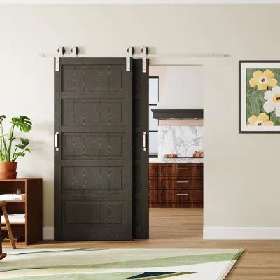 Chic Mode Bypass Sliding Barn Door - Black 5 Lite Frosted Glass With Manufacture Wood Include Bypass Barn Door