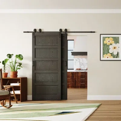 Chic Mode Bypass Sliding Barn Door - Black 5 Lite Raised Mdf Design With Manufacture Wood Include Bypass Barn 