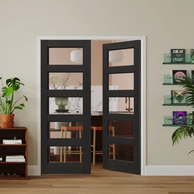 Chic Mode Door Slab 5 Lite Clear Glass Design Manufacture Wood Black Primed Interior Franch Doors Slab (no Hin
