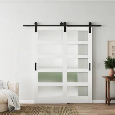 Chic Mode Double Door, 5 Lite Frosted Glass Design Bypass Barn Door Sliding Interior Door With Hardware Kit,2  In White