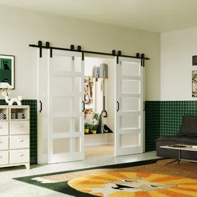 Chic Mode Double Door, 5 Lite Frosted Glass Design Bypass Barn Door Sliding Interior Door With Hardware Kit,4  In White