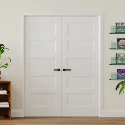 Chic Mode Double Door Set 5 Panel Shaker Molded Hollow Core Interior Door, Pre-finished Smooth Pure White Grai