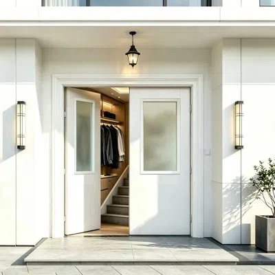 Chic Mode Double Exterior Door- 1 Panel Frosted Glass Manufacture Wood With Solid Wood Core Include Door Frame In White