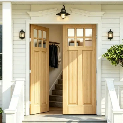 Chic Mode Double Exterior Door-6 Panel Clear Glass Manufacture Wood With Solid Wood Core Include Door Frame &  In Neutral