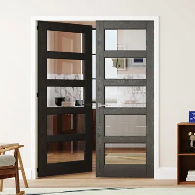 Chic Mode Double Pantry Door 5 Lite Clear Glass Black Solid Wood Interior Prehung Door With Door Frame And Han