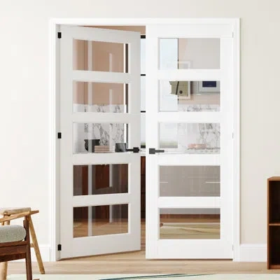 Chic Mode Double Pantry Door 5 Lite Clear Glass White Solid Wood Interior Prehung Door With Door Frame And Han