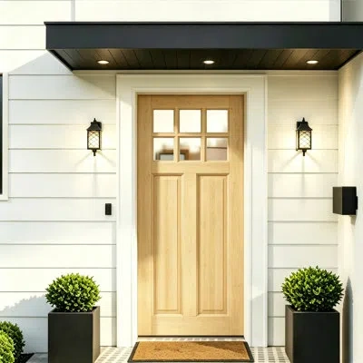 Chic Mode Exterior Door-6 Panel Clear Glass Manufacture Wood With Solid Wood Core Include Door Frame & Hinger, In Brown