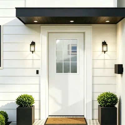 Chic Mode Exterior Door-9 Panel Clear Glass Manufacture Wood With Solid Wood Core Include Door Frame & Hinger, In White