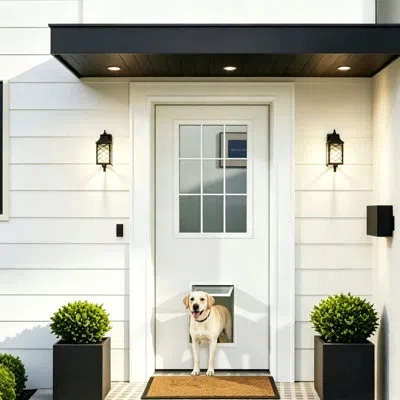 Chic Mode Exterior Door-9 Panel Clear Glass With Pet Door Hole Manufacture Wood With Solid Wood Core Include D In Multi