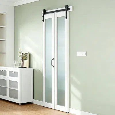 Chic Mode Frosted Glass Folding Barn Door With Hardware Kit - Mdf Frame, Privacy Frosted Panel, Interior Bifol In White
