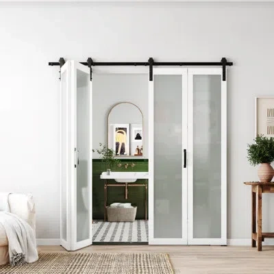 Chic Mode Frosted Glass Folding Barn Door With Hardware Kit - Mdf Frame, Privacy Frosted Panel, Interior Bifol In White