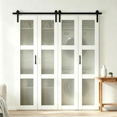 Chic Mode Glass Bifold Barn Door- 3 Lite Frosted Glass Prefinished Bi-fold Closet Door With Hardware Kit, Asse In White