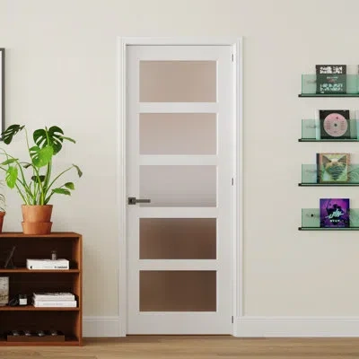 Chic Mode Interior 5 Panel Frosted Glass Design Door Slab With Jamb Solid Core Panel Prehung Pantry Door With  In White