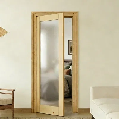 Chic Mode Interior Door Slab With Matching Frame - 1 Lite Frosted Glass Solid Wood Interior Door With Pine Fin In Yellow