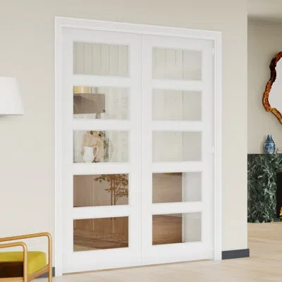 Chic Mode Interior Double Door Set With Matching Frame – 5 Lite Clear Glass Mdf Interior Panrty Doors In White