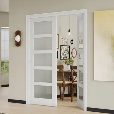 Chic Mode Interior Double Door Slab With Matching Frame – 5-lite Frosted Glass Design White Mdf Interior Pantr