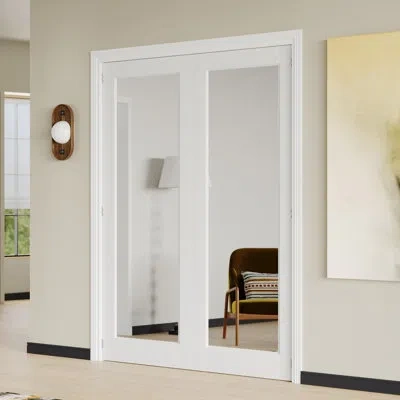 Chic Mode Interior Double Door Slabs With Matching Frame - 1-lite Mirrored Mdf Pantry Doors, Adjustable Jamb & In White