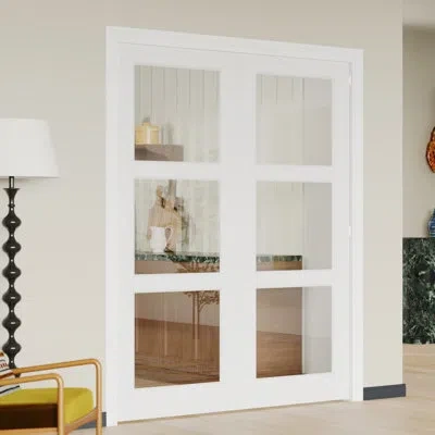 Chic Mode Interior Double Door Slabs With Matching Frame – 3 Lite Frosted Glass Mdf Double Doors For Pantries  In White