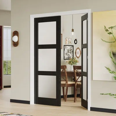 Chic Mode Interior Double French Door Slabs With Matching Frame – Black 3 Lite Frosted Glass Mdf Interior Pant