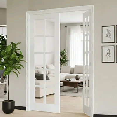 Chic Mode Interior Double Glass Doors With Ten Clear Panels - Prehung Style Mdf Design And Adjustable Frame (d In White