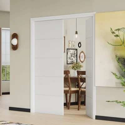 Chic Mode Interior Double Pantry Door With Frame - 5 Panel White Solid Core Mdf Prehung Door Set With Hardware