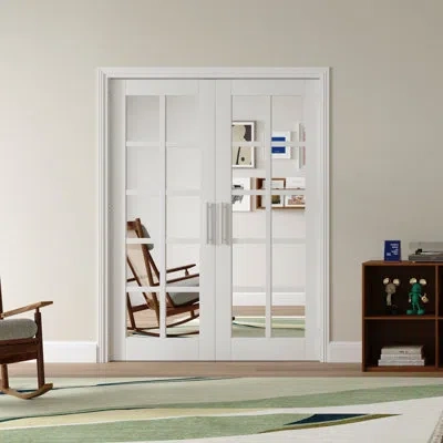 Chic Mode Interior French Doors Modern Closet Door Mirrored Surface Pantry Door Primed With Adjustable Ball Ca In White