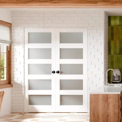 Chic Mode Interior Pantry Doors - White 5-lite Frosted Glass Design Double Standard Door Slab With Black Handl