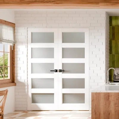 Chic Mode Interior Pantry Doors - White 5-lite Frosted Glass Design Double Standard Door Slab With Black Handl
