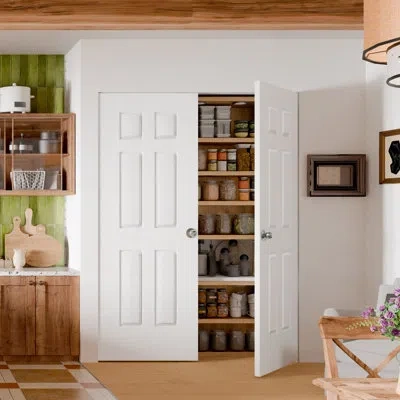Chic Mode Interior Pantry Doors - White 6-panels Design Double Standard Door Slab With Sliver Ball Handle Pref