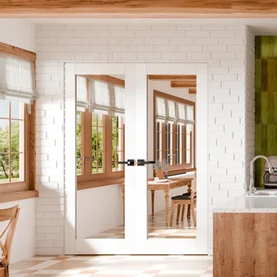 Chic Mode Interior Pantry Doors - White Full Lite Mirrored Design Double Standard Door Slab With Handle Prefin