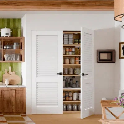 Chic Mode Interior Pantry Doors - White Louvers Design Double Standard Door Slab With Black Handle Prefinished In Multi