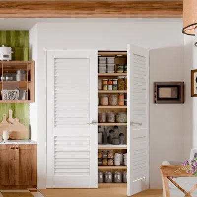 Chic Mode Interior Pantry Doors - White Louvers Design Double Standard Door Slab With Sliver Handle Prefinishe
