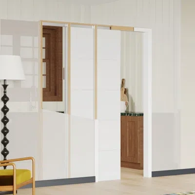 Chic Mode Interior Pocket Door Kit With 5 Panel Solid Core Door - White Mdf Door With Frame And Soft Close Har
