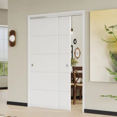Chic Mode Interior Solid Core 5 Panel Bypass Sliding Door Set - White Mdf Door With Aluminum Hardware Kit For 