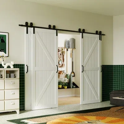 Chic Mode K Shape Design Bypass Barn Door Sliding Interior Door With Hardware Kit,4 Panels In White