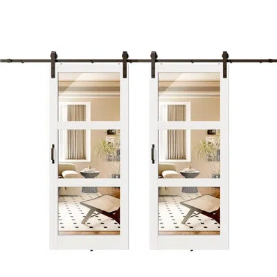 Chic Mode Modern Mirror Surfaced Design - 3 Lite Mirror Set Sliding Interior Barn Door With Manufacture Wood I In White