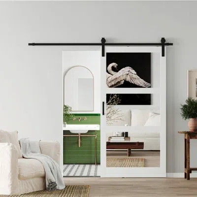 Chic Mode Modern Mirror Surfaced Design - 3 Lite Mirror Set Sliding Interior Barn Door With Manufacture Wood I In White