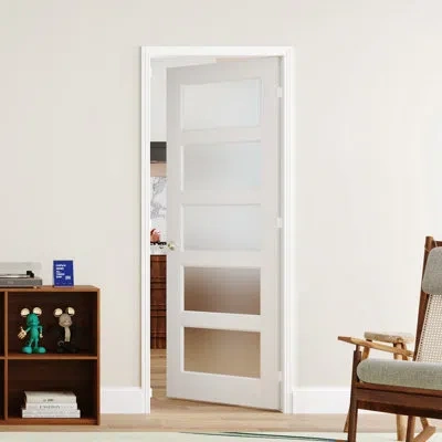 Chic Mode Modern Style 5 Panel Frosted Glass Design Double Prehung French Interior Door, Trimable Frame, White