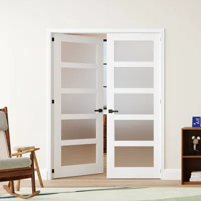 Chic Mode Modern Style 5-paneled Frosted Glass Design White Wood Tone Prehung French Interior Door, Trimable F