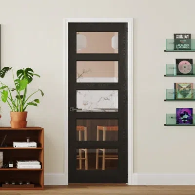 Chic Mode Pantry Door 5 Lite Clear Glass Black Solid Wood Interior Prehung Door With Door Frame And Handles