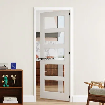 Chic Mode Pantry Door 5 Lite Clear Glass White Solid Wood Interior Prehung Door With Door Frame And Handles